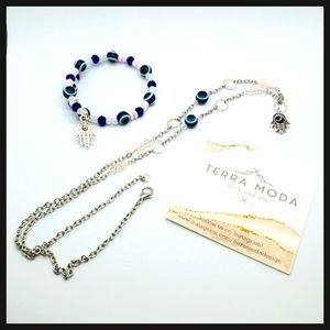 TMD - Evil Eye Bracelet / Necklace Set w/ Hamsa Charms - Silver, Pink and Blue